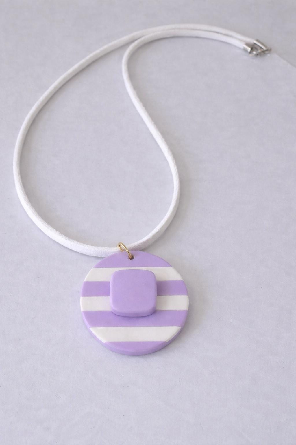 Lilac Striped Pendant Necklace, Polymer Clay Necklace, Minimalist Boho Jewelry, White Cord Necklace, Handmade Gift for Her, Modern Clay