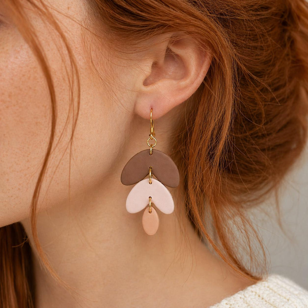 Boho Clay Earrings Brown Beige | Lightweight Dangle Earrings for Women | Neutral Statement Earrings | Handmade Gift for Her