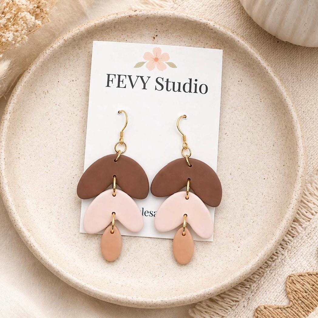 Boho Clay Earrings Brown Beige | Lightweight Dangle Earrings for Women | Neutral Statement Earrings | Handmade Gift for Her