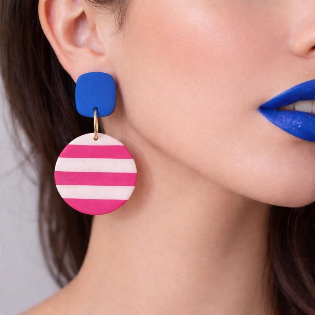 Coastal Chic Earrings, Handmade Striped Polymer Clay Dangles, Lightweight Summer Jewelry, Bold Statement Earrings for Women