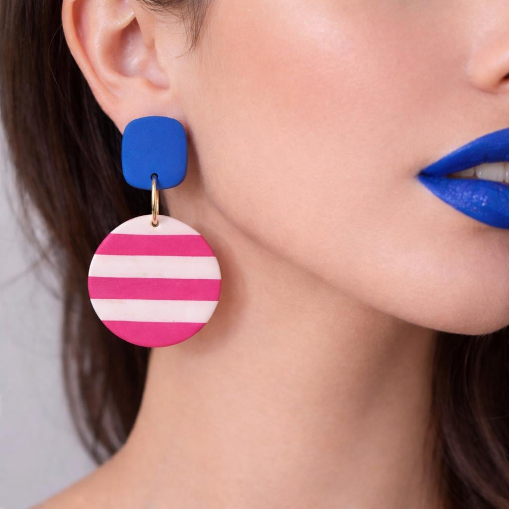 Blue & Pink Statement Earrings, Bold Polymer Clay Earrings, Electric Blue Dangle Earrings, Fuchsia Striped Earrings, Colorful Jewelry