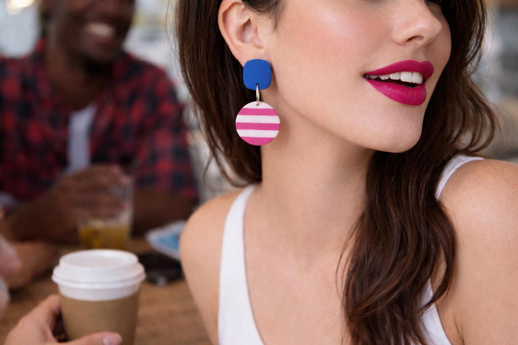 Blue & Pink Statement Earrings, Bold Polymer Clay Earrings, Electric Blue Dangle Earrings, Fuchsia Striped Earrings, Colorful Jewelry