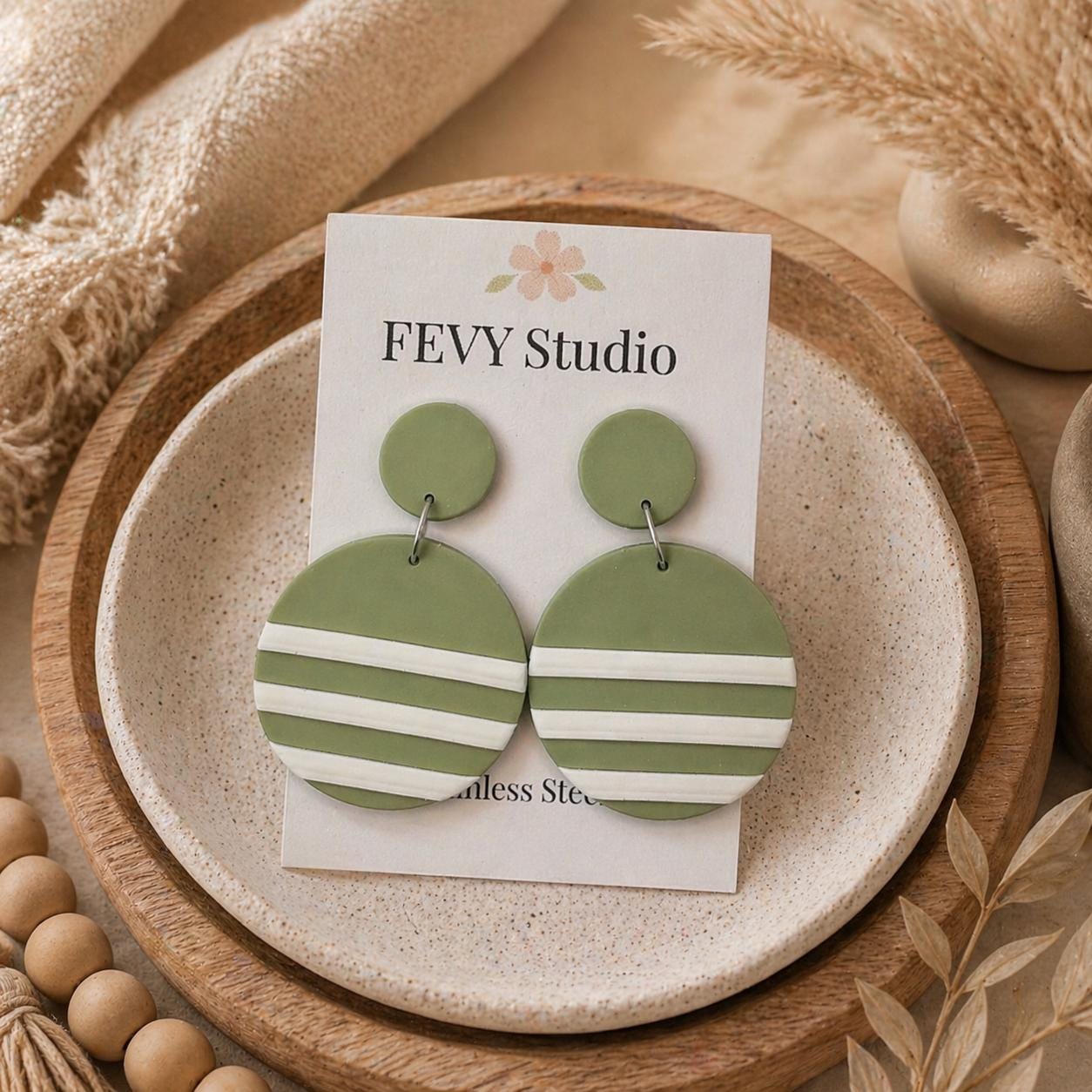 Polymer Clay Drop Earrings | Green Stripe Circle Dangle | Stainless Steel | Handmade Statement Earrings | Boho Lightweight Jewelry | Gift fo