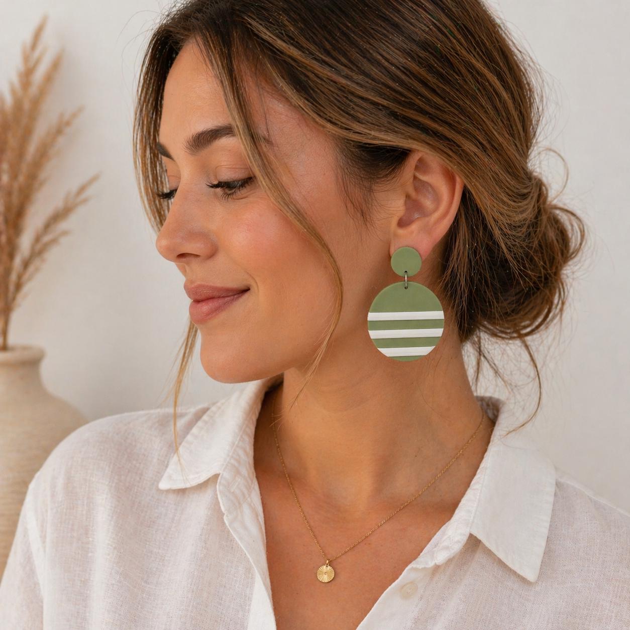 Polymer Clay Drop Earrings | Green Stripe Circle Dangle | Stainless Steel | Handmade Statement Earrings | Boho Lightweight Jewelry | Gift fo