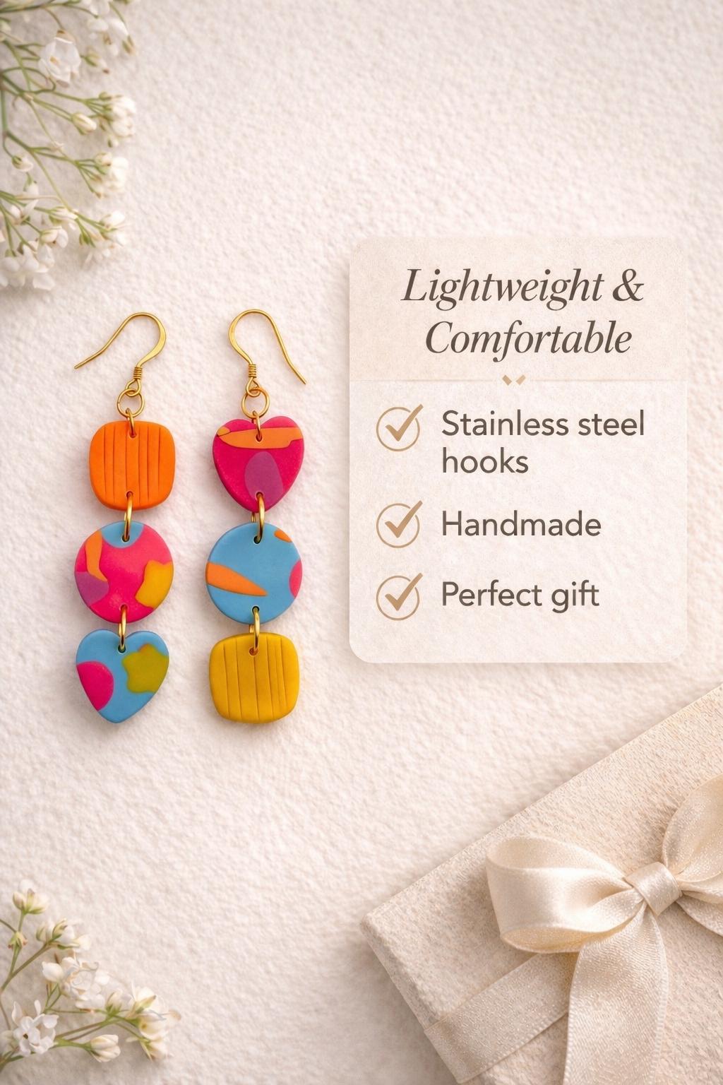 Colorful Boho Statement Earrings | Handmade Polymer Clay Dangle Hooks