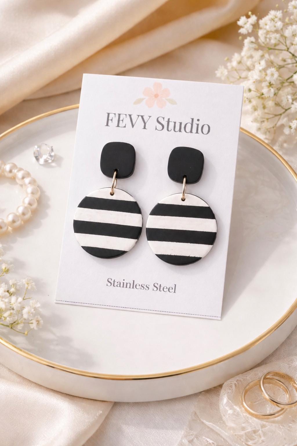 Black White Striped Statement Earrings | Handmade Polymer Clay Dangle Earrings | Modern Geometric Earrings | Lightweight Stainless Steel Jew