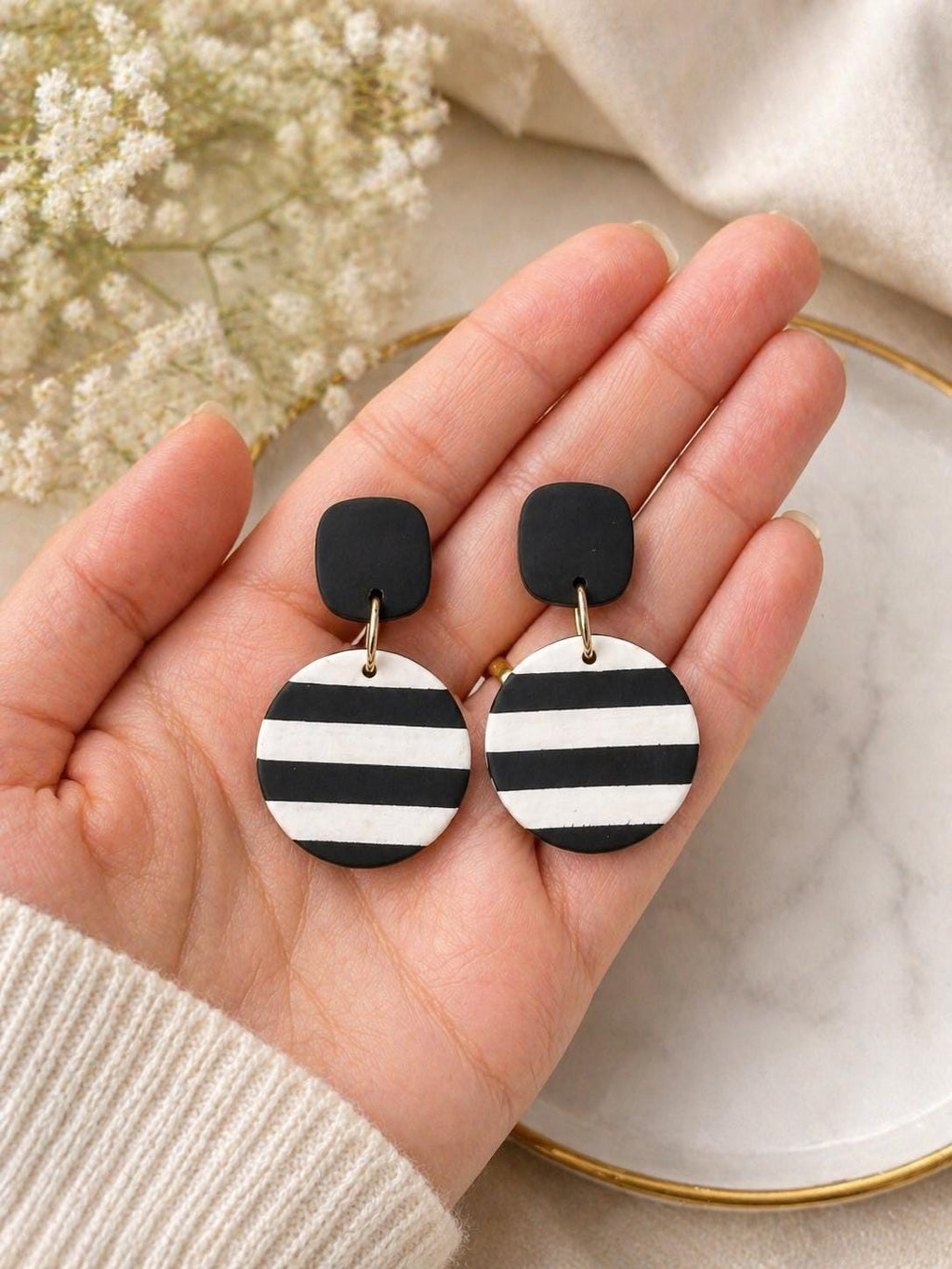 Black White Striped Statement Earrings | Handmade Polymer Clay Dangle Earrings | Modern Geometric Earrings | Lightweight Stainless Steel Jew