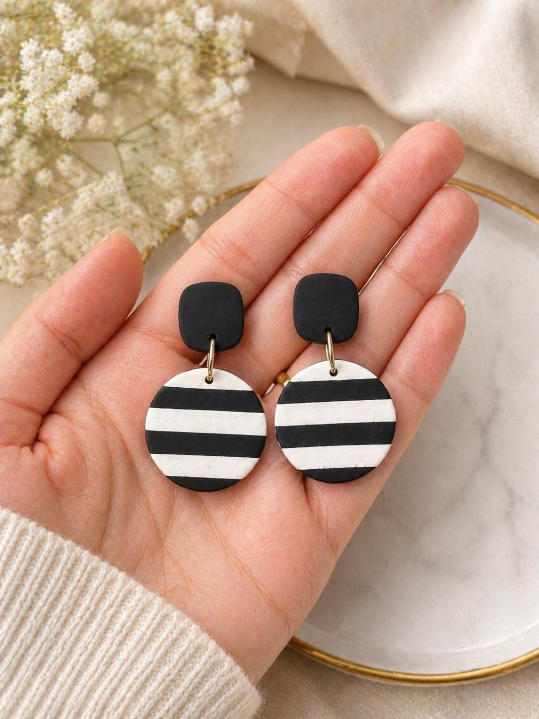 Black White Striped Statement Earrings | Handmade Polymer Clay Dangle Earrings | Modern Geometric Earrings | Lightweight Stainless Steel Jew