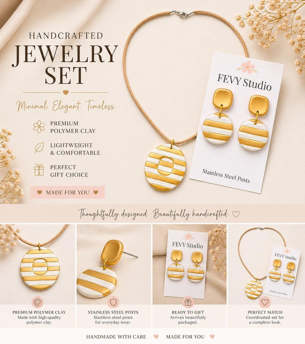 Handmade White Gold Striped Polymer Clay Necklace Earrings Set, Statement Jewelry