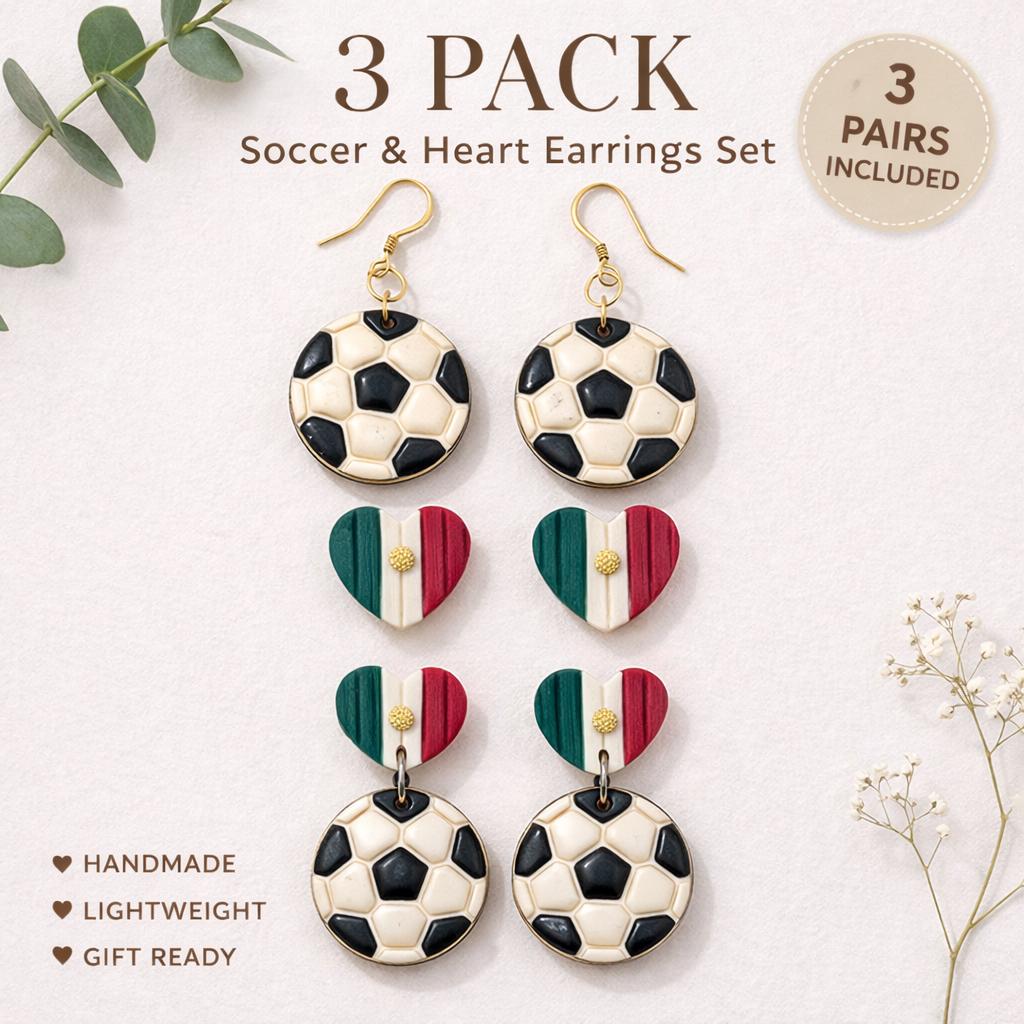 3 Pack Soccer Earrings Set, Mexico Heart Earrings, Soccer Ball Earrings, Handmade Polymer Clay Earrings, Lightweight Gift for Her