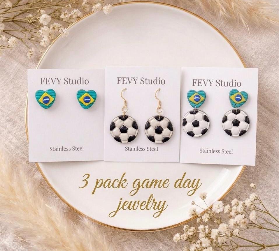 Brazil Earrings Set, Soccer Earrings Pack, Game Day Jewelry, Brazil Flag Earrings, Football Fan Earrings, Game Day Jewelry, 3 Pack Earrings