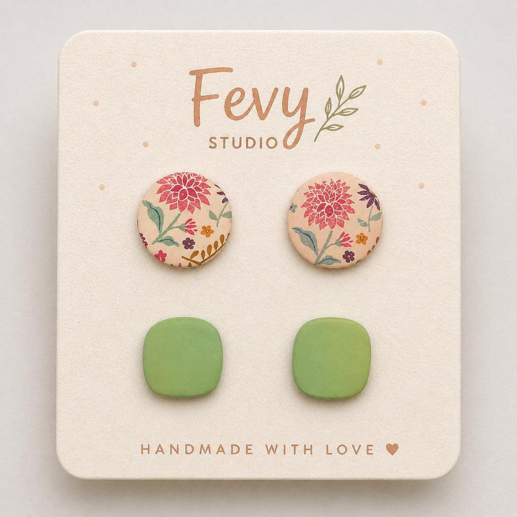 Boho Floral and Green Square Polymer Clay Earrings Set, Handmade Studs