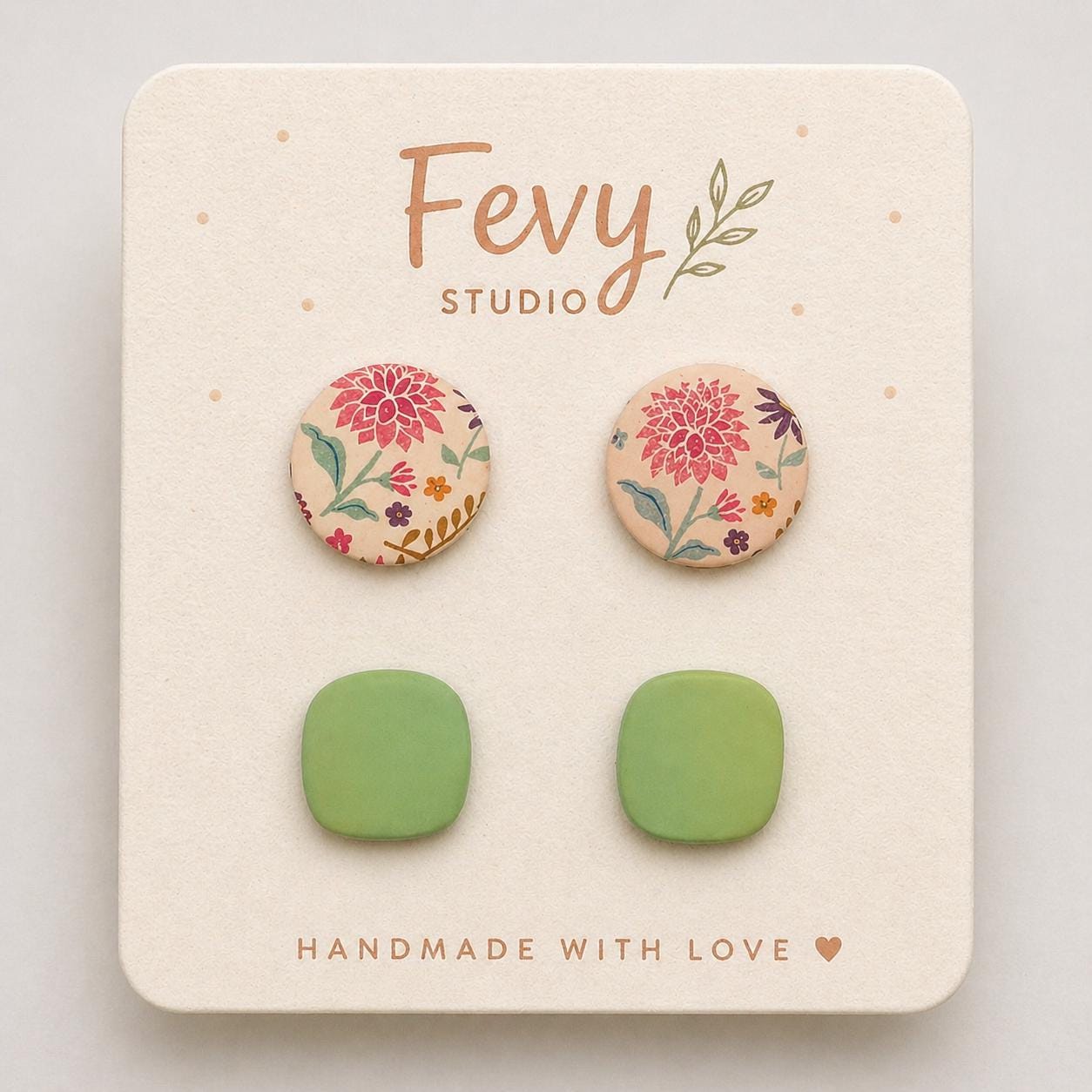 Boho Floral and Green Square Polymer Clay Earrings Set, Handmade Studs
