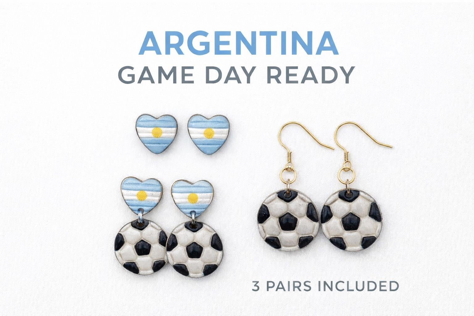 Argentina Earrings Set, 3 Pair Soccer Earrings Bundle, Game Day Earrings, Argentina Fan Jewelry, Football Earrings Set, Futbol Accessories