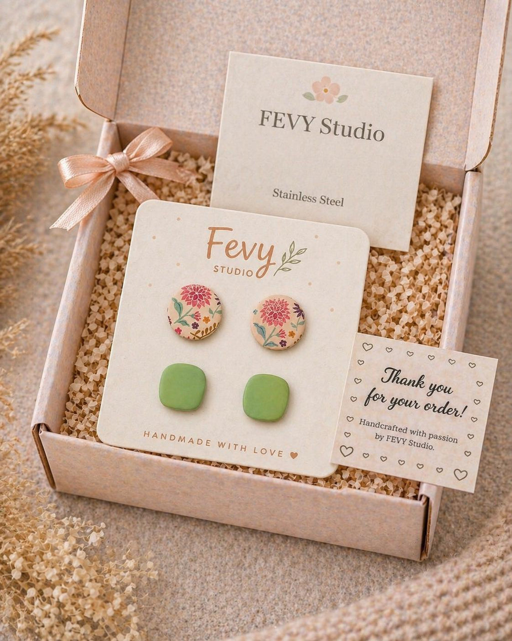 Boho Floral and Green Square Polymer Clay Earrings Set, Handmade Studs