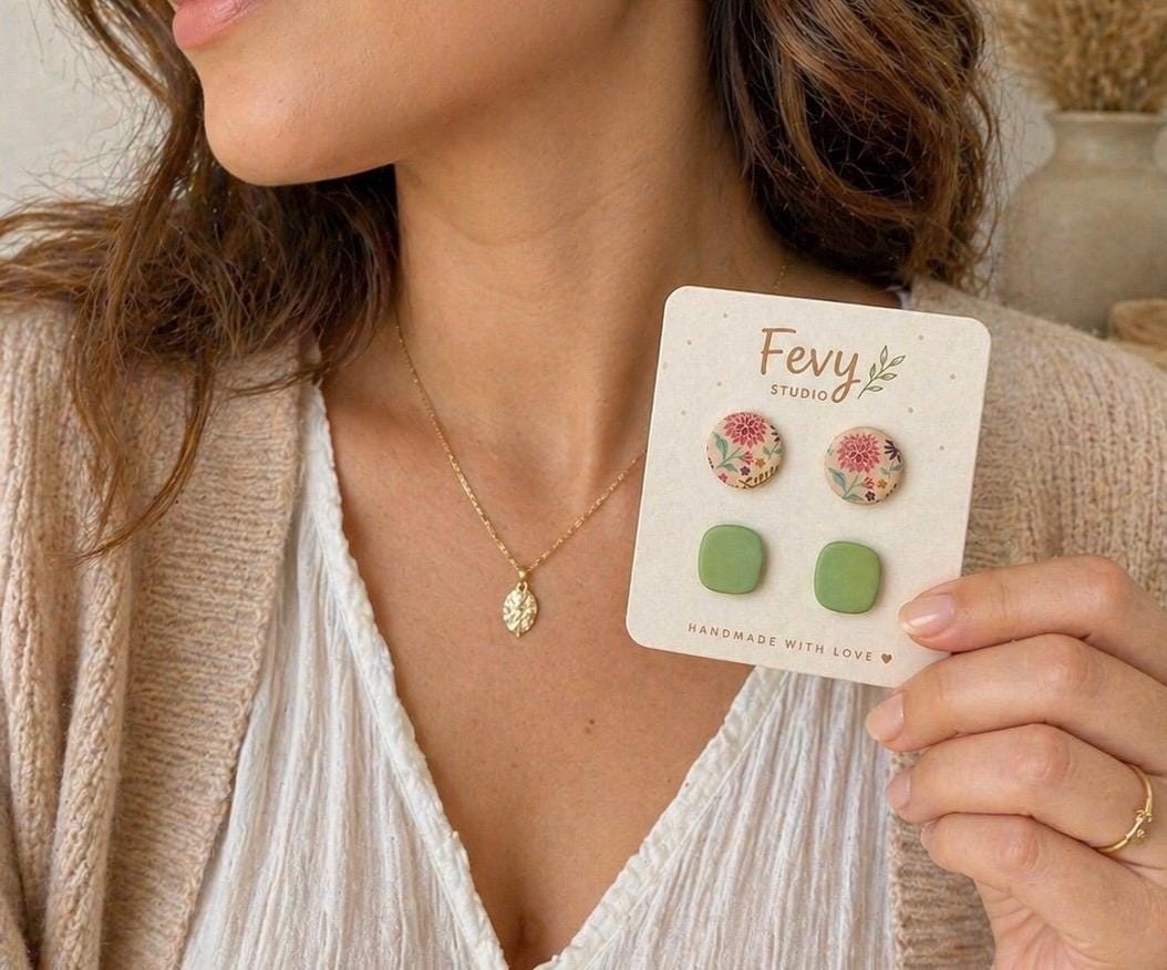 Boho Floral and Green Square Polymer Clay Earrings Set, Handmade Studs