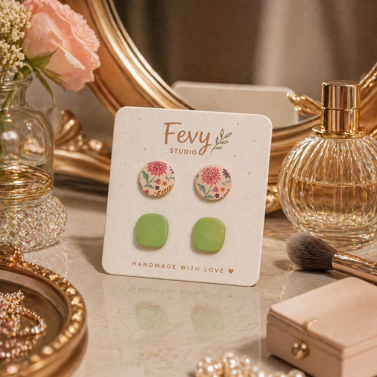Boho Floral and Green Square Polymer Clay Earrings Set, Handmade Studs