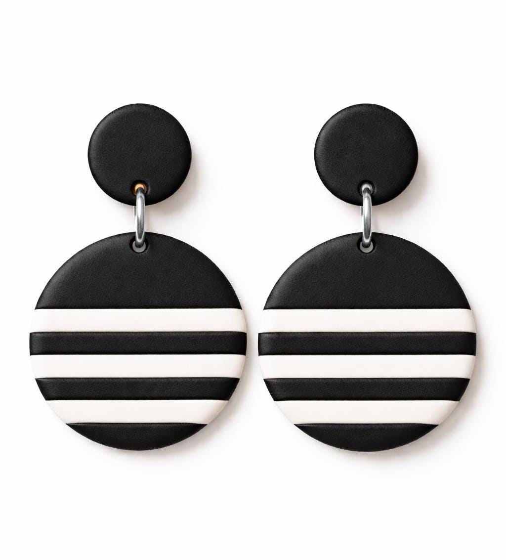 Black White Striped Polymer Clay Statement Earrings, Modern Minimalist Dangle Jewelry