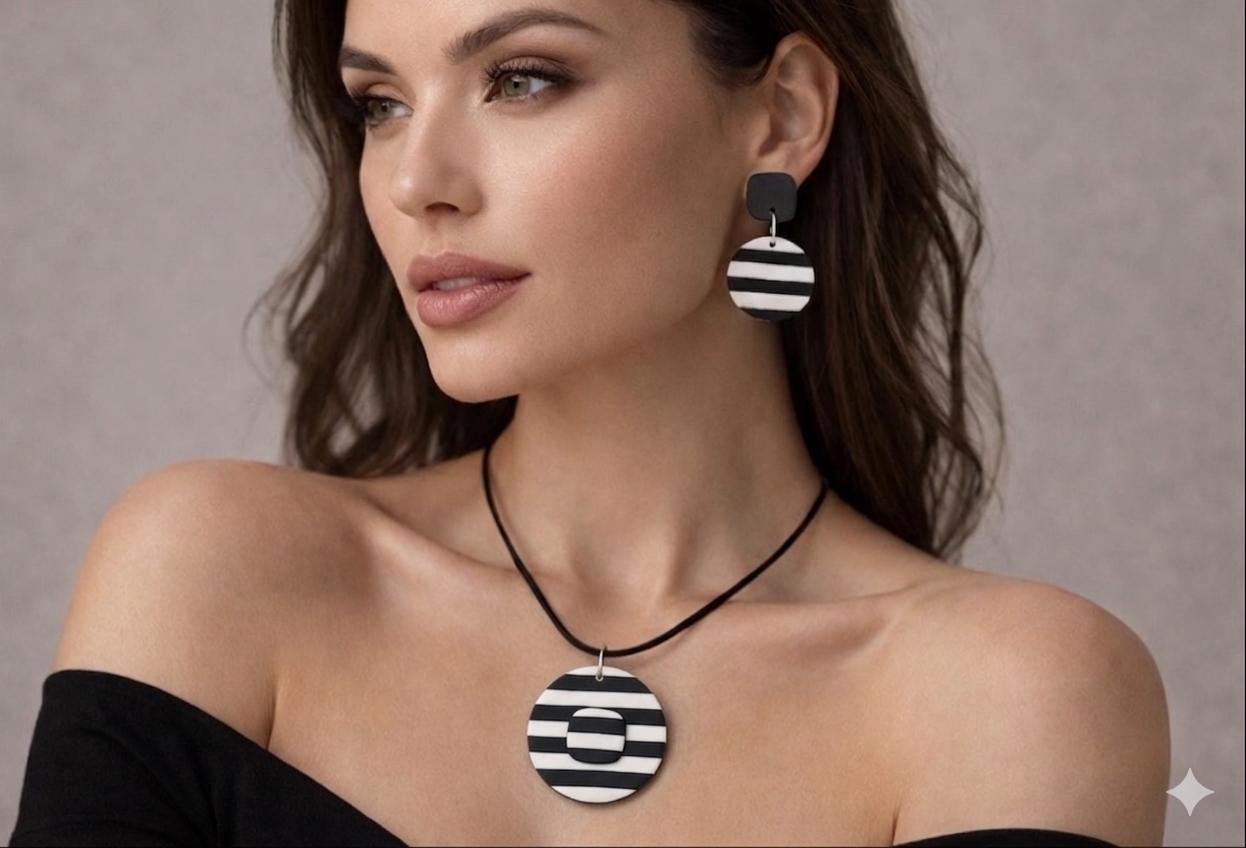 Black White Striped Polymer Clay Jewelry Set, Modern Dangle Earrings Necklace