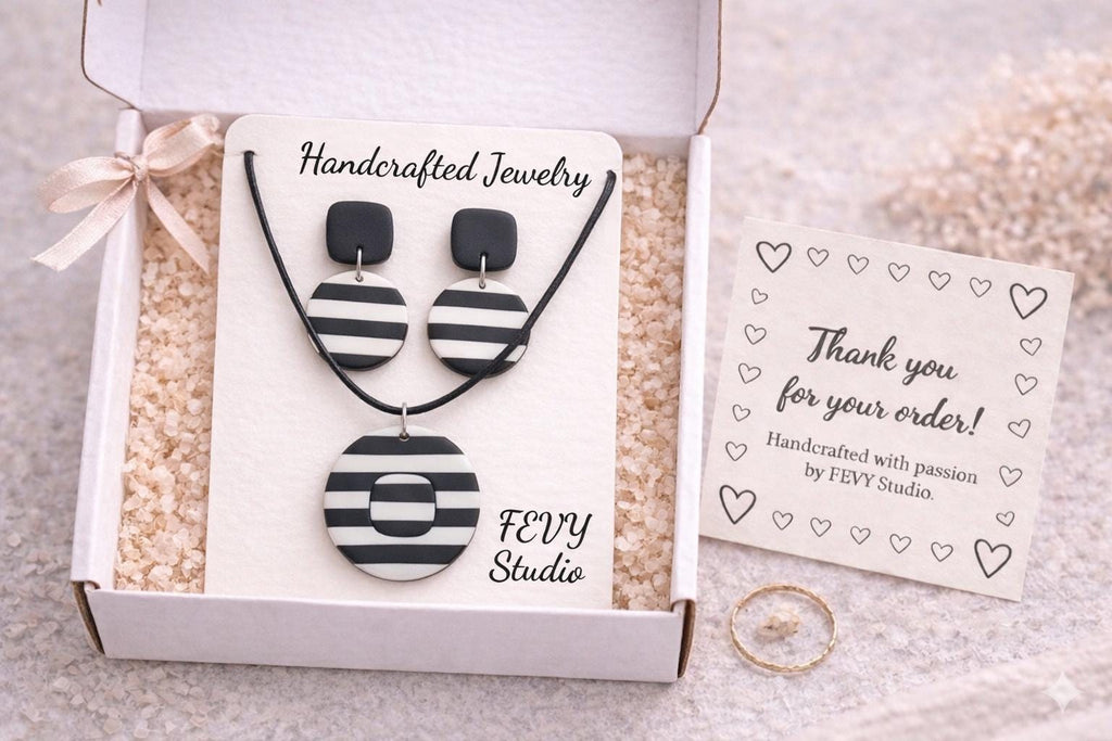 Black White Striped Polymer Clay Jewelry Set, Modern Dangle Earrings Necklace