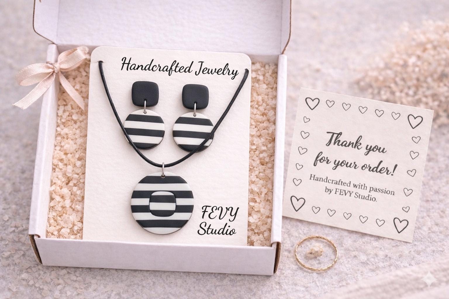Black White Striped Polymer Clay Jewelry Set, Modern Dangle Earrings Necklace