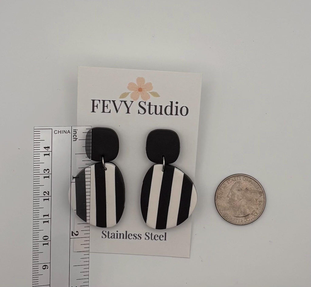 Retro Mod Black Stripe Earrings | Handmade Polymer Clay Drop Earrings