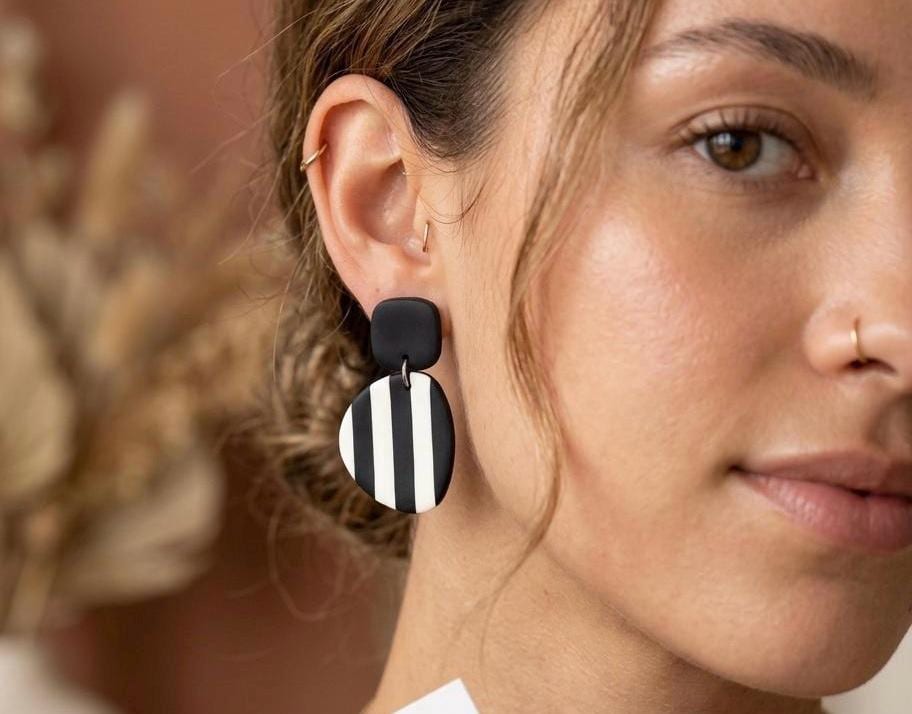 Retro Mod Black Stripe Earrings | Handmade Polymer Clay Drop Earrings