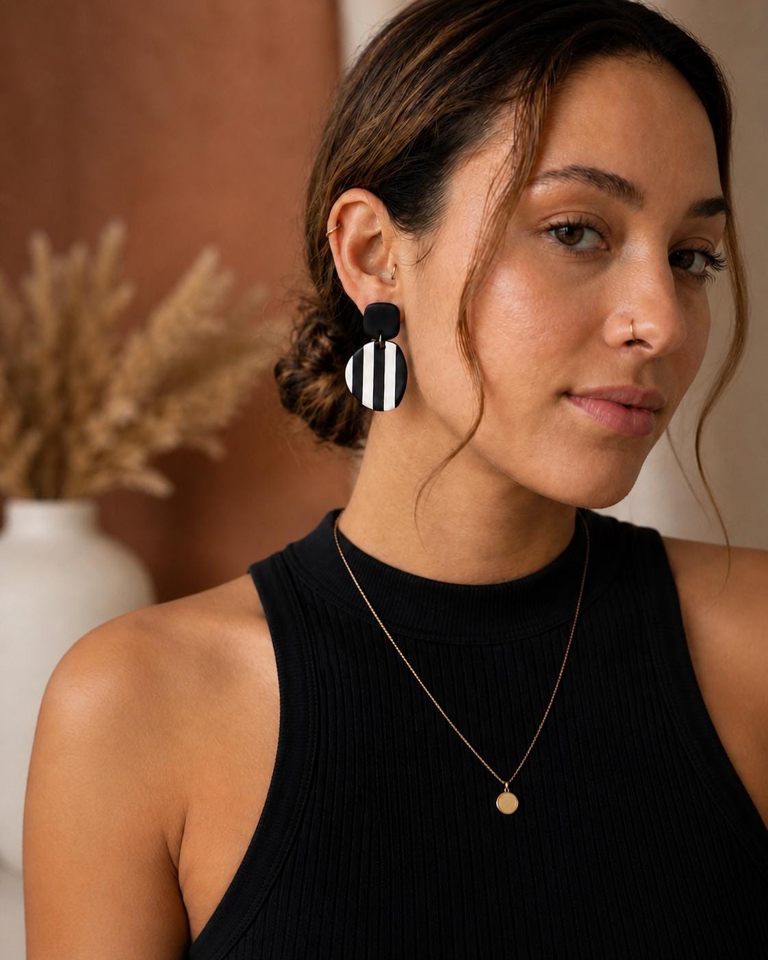 Retro Mod Black Stripe Earrings | Handmade Polymer Clay Drop Earrings