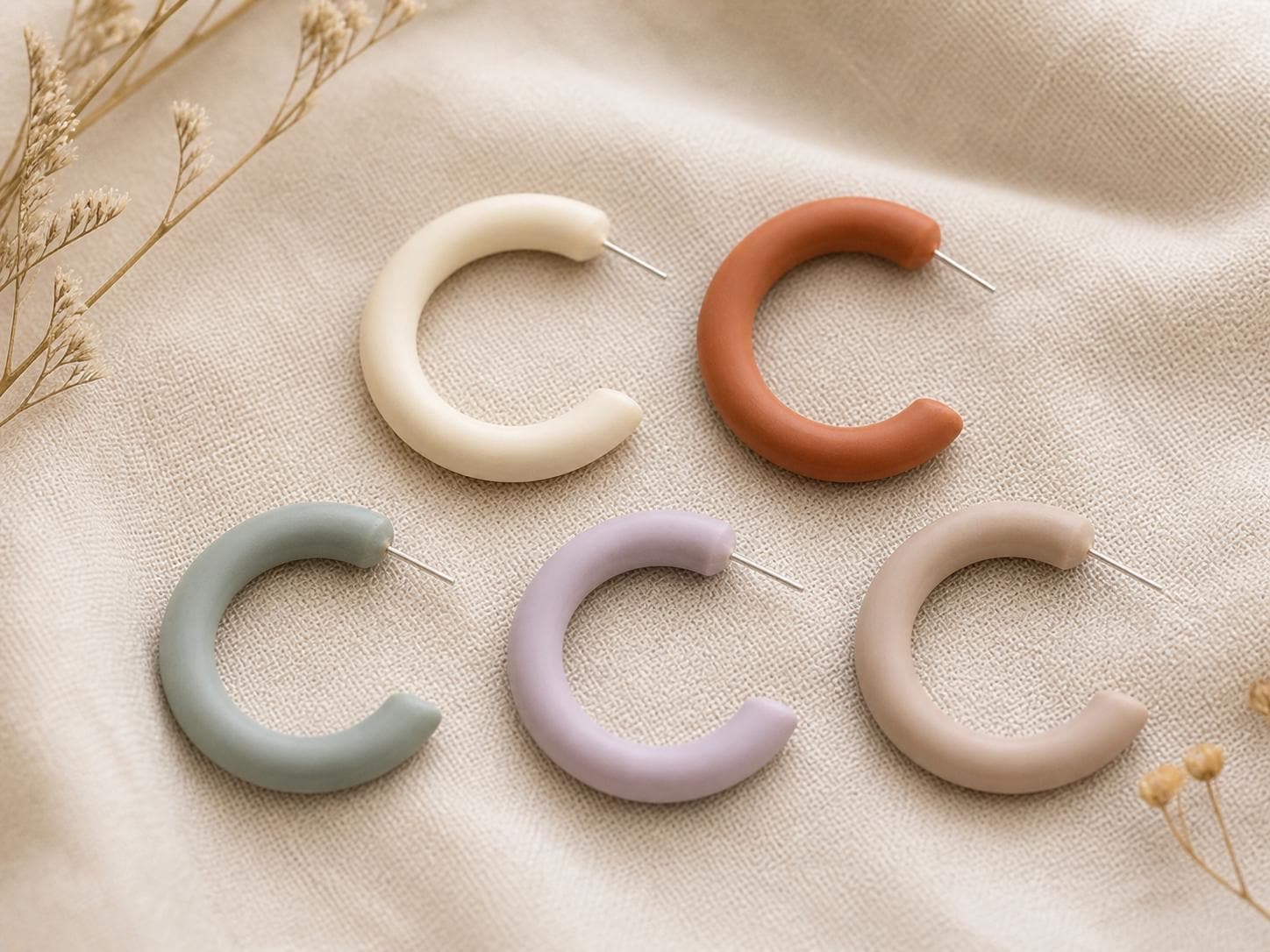 Polymer Clay Hoop Earrings Handmade • Chunky Small Hoops 1.5 inch • Boho Clay Earrings • Neutral Aesthetic Earrings • Gift for Her • Minimal