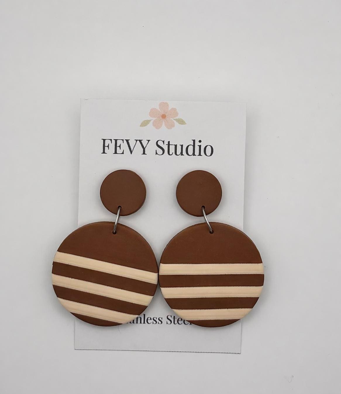 Brown Striped Statement Earrings, Polymer Clay Dangle Earrings, Neutral Boho Earrings, Lightweight Handmade Earrings, Modern Round Drop