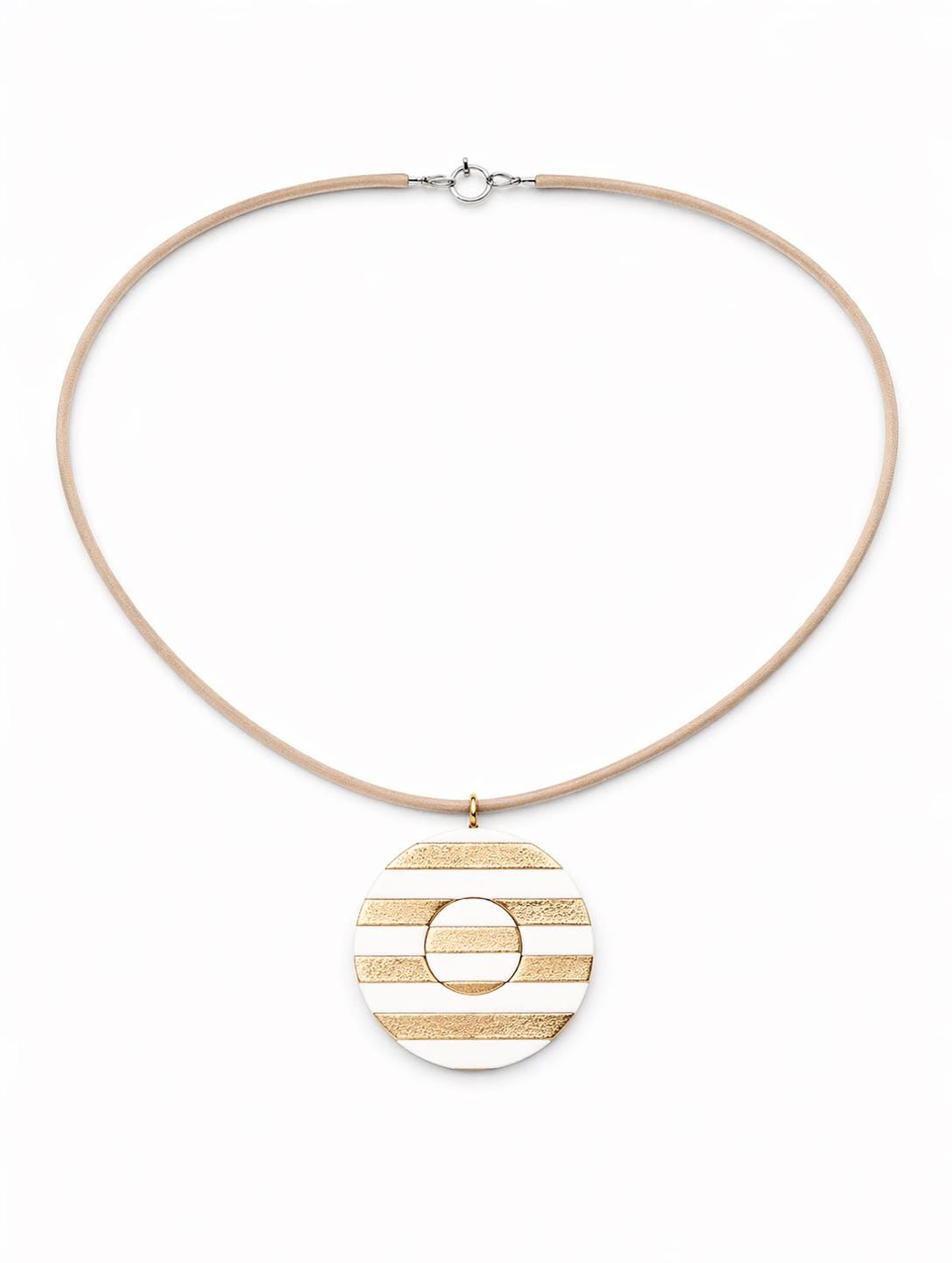 Gold White Statement Necklace, Beige Cord Pendant Necklace, Geometric Boho Jewelry, Handmade Polymer Clay Necklace for Women