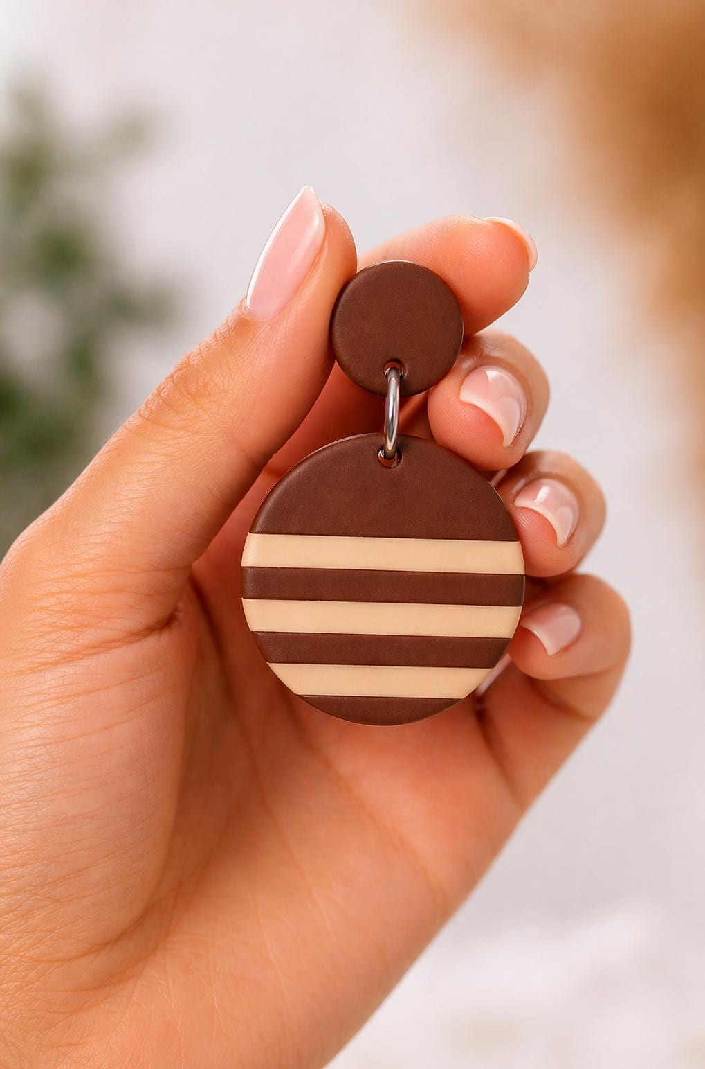 Brown Striped Statement Earrings, Polymer Clay Dangle Earrings, Neutral Boho Earrings, Lightweight Handmade Earrings, Modern Round Drop