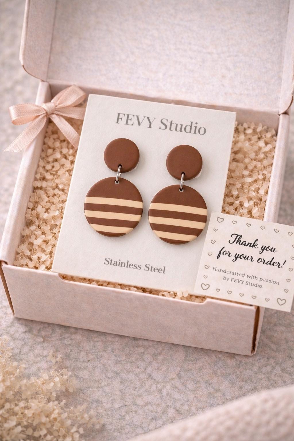 Brown Striped Statement Earrings, Polymer Clay Dangle Earrings, Neutral Boho Earrings, Lightweight Handmade Earrings, Modern Round Drop