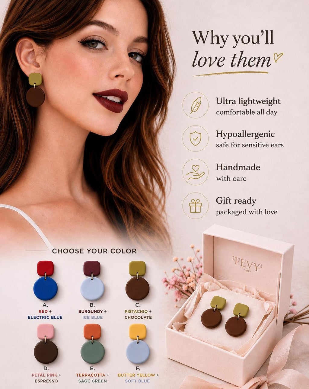 Handmade Polymer Clay Statement Earrings, Modern Color Block Design, Lightweight Comfort