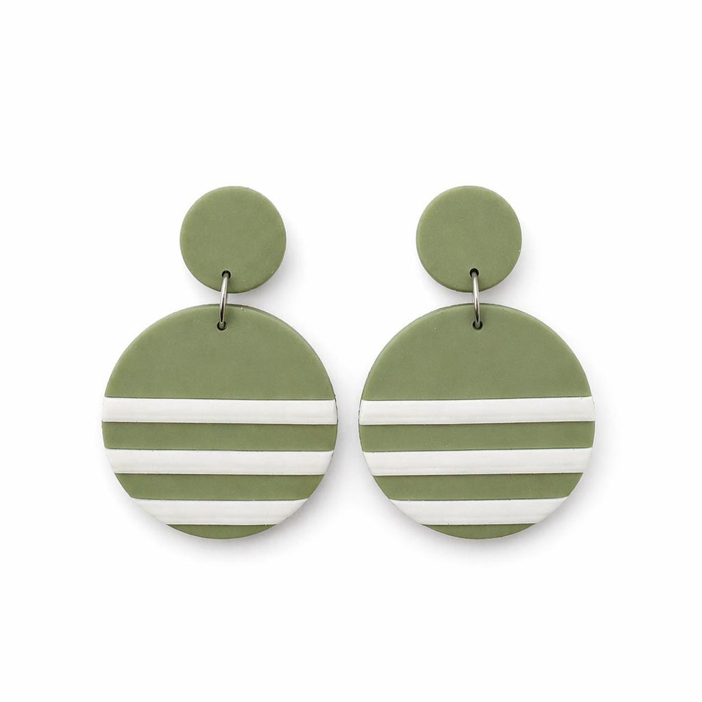 Polymer Clay Drop Earrings | Green Stripe Circle Dangle | Stainless Steel | Handmade Statement Earrings | Boho Lightweight Jewelry | Gift fo