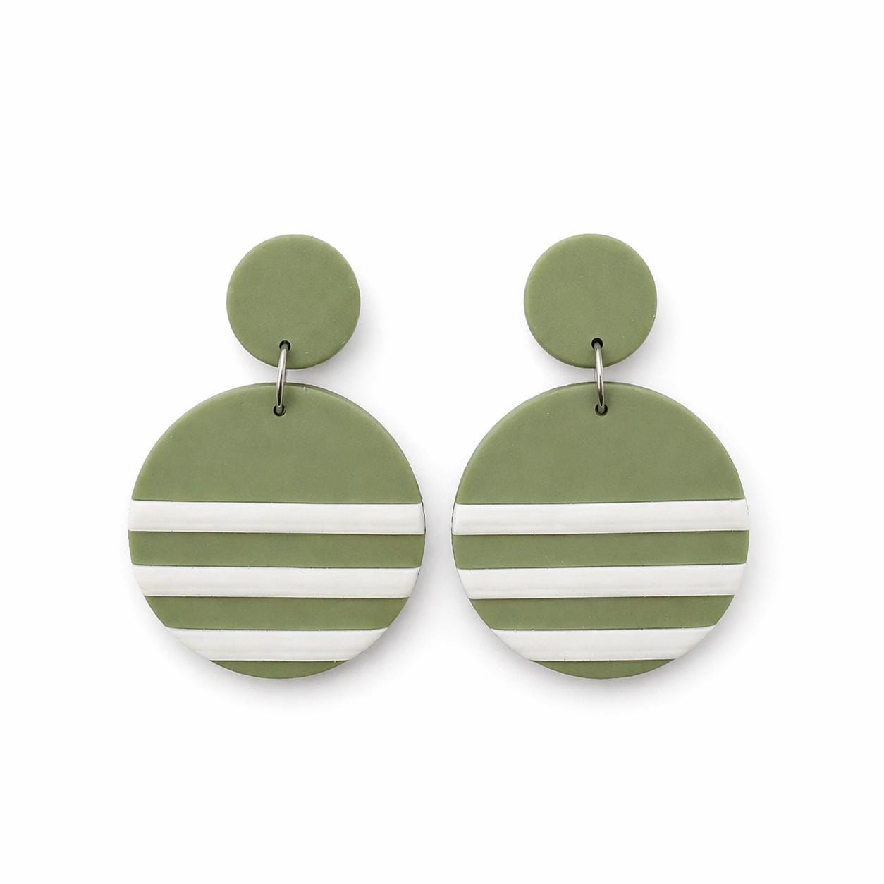 Polymer Clay Drop Earrings | Green Stripe Circle Dangle | Stainless Steel | Handmade Statement Earrings | Boho Lightweight Jewelry | Gift fo