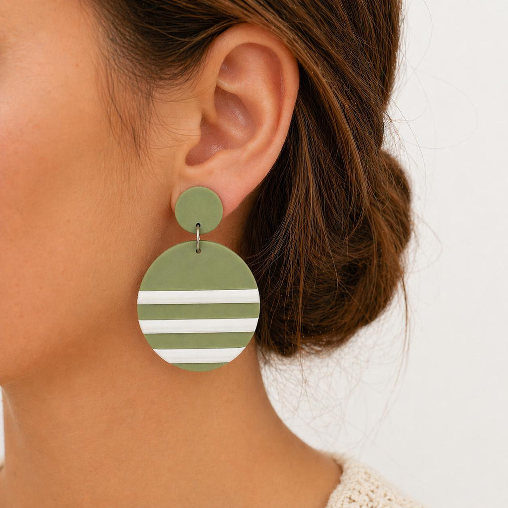Polymer Clay Drop Earrings | Green Stripe Circle Dangle | Stainless Steel | Handmade Statement Earrings | Boho Lightweight Jewelry | Gift fo