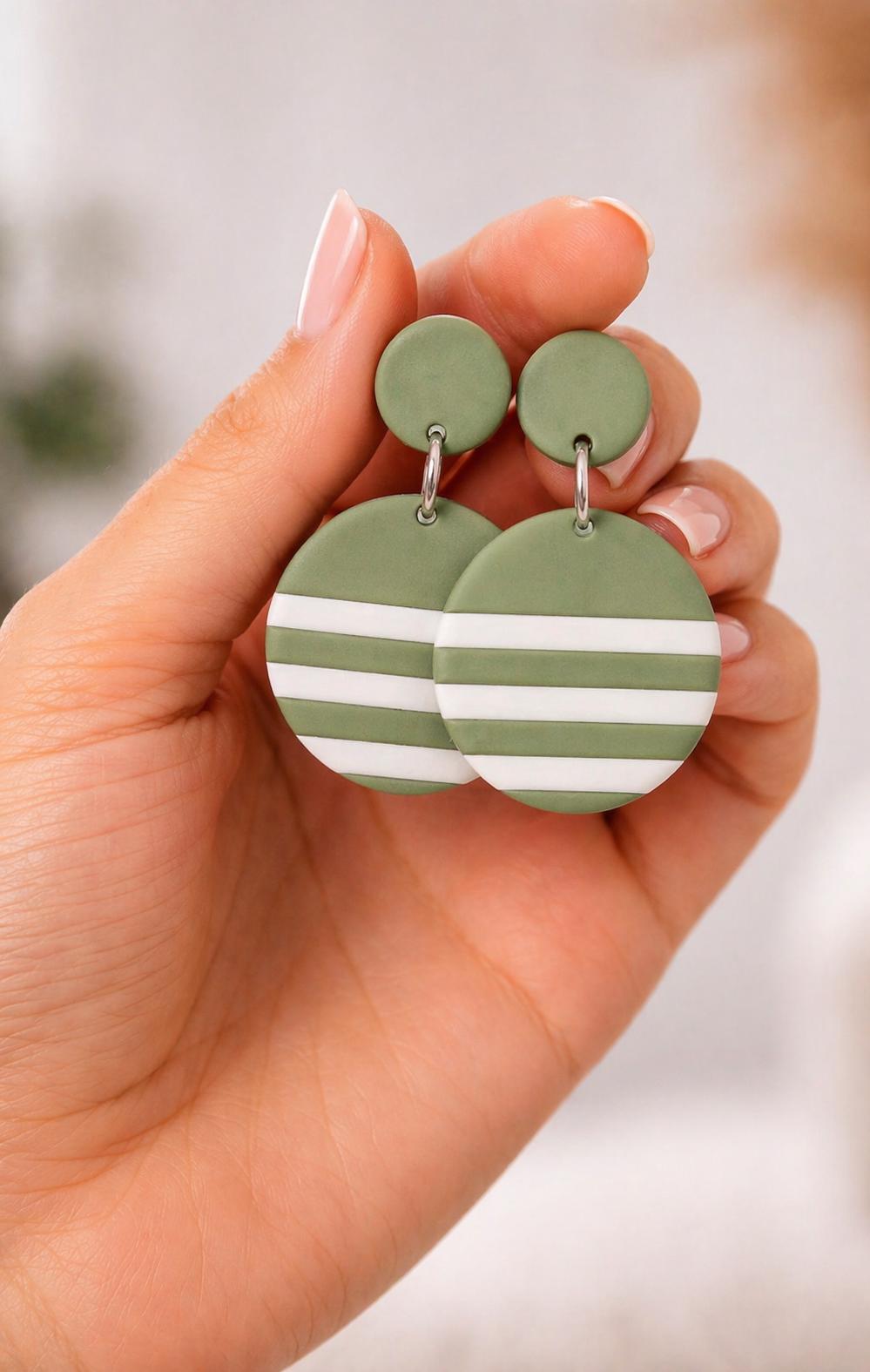 Polymer Clay Drop Earrings | Green Stripe Circle Dangle | Stainless Steel | Handmade Statement Earrings | Boho Lightweight Jewelry | Gift fo