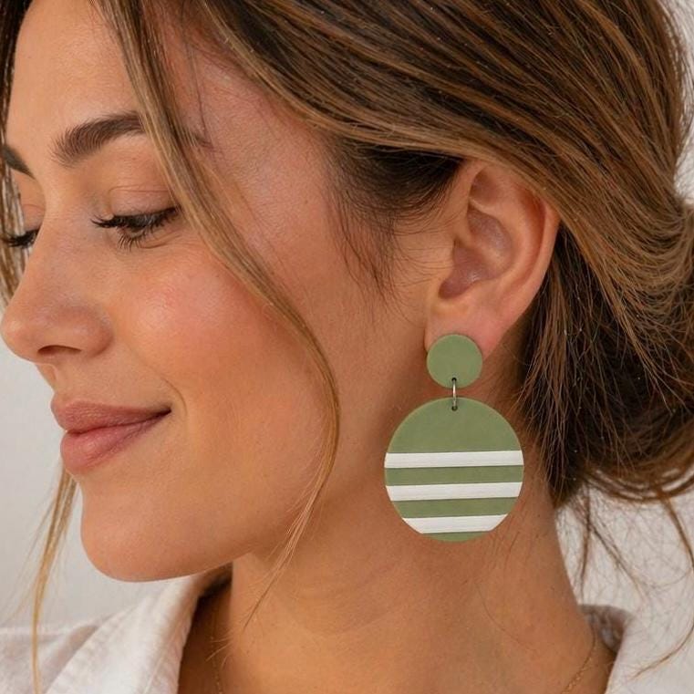 Polymer Clay Drop Earrings | Green Stripe Circle Dangle | Stainless Steel | Handmade Statement Earrings | Boho Lightweight Jewelry | Gift fo