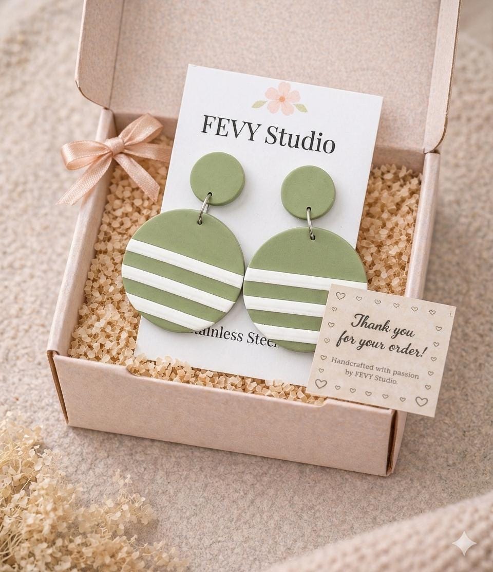 Polymer Clay Drop Earrings | Green Stripe Circle Dangle | Stainless Steel | Handmade Statement Earrings | Boho Lightweight Jewelry | Gift fo