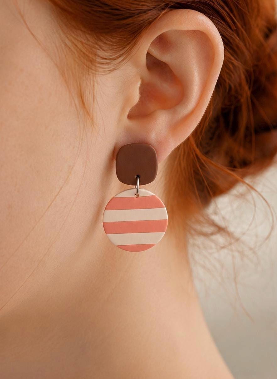 Handmade Striped Polymer Clay Dangle Earrings, Boho Minimalist Jewelry
