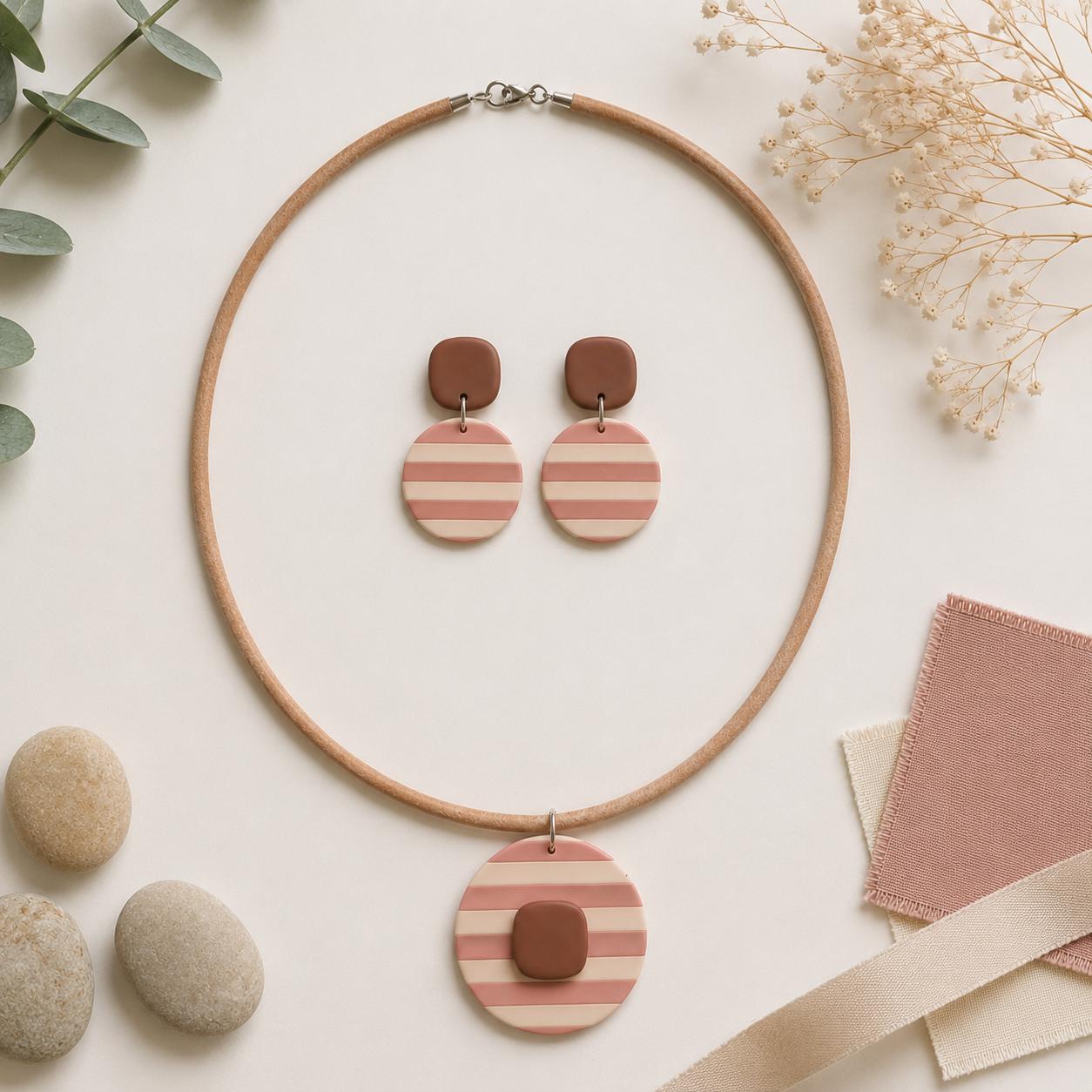 Handmade Polymer Clay Jewelry Set | Pink Stripe Earrings Necklace | Minimalist Boho Accessories