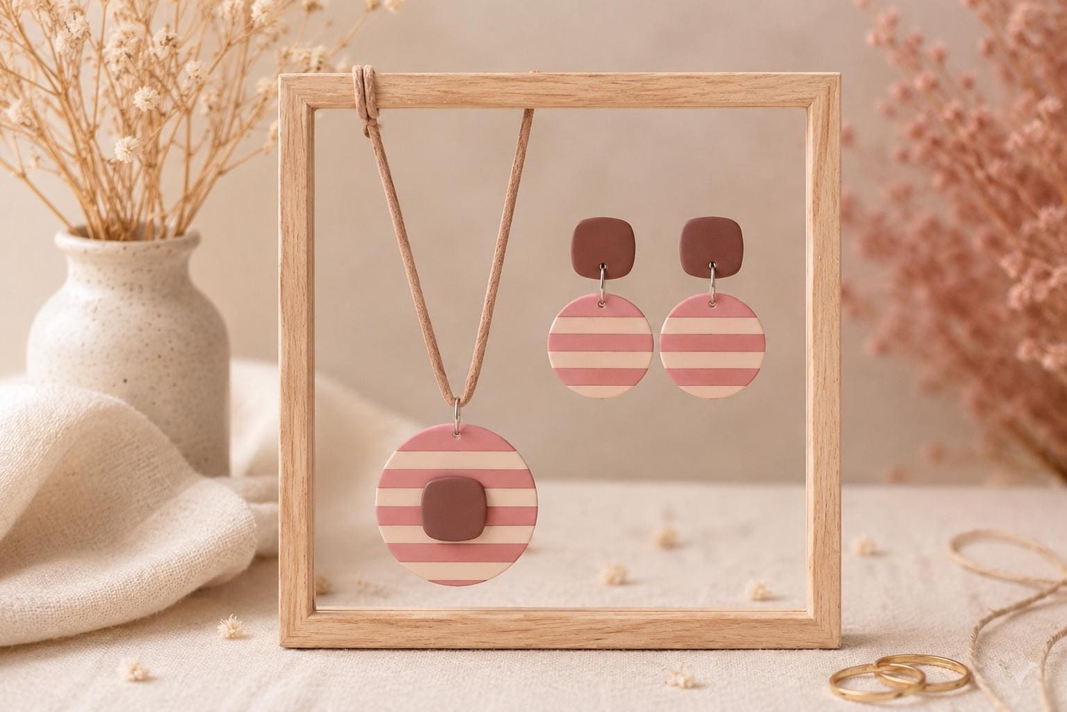 Handmade Polymer Clay Jewelry Set | Pink Stripe Earrings Necklace | Minimalist Boho Accessories