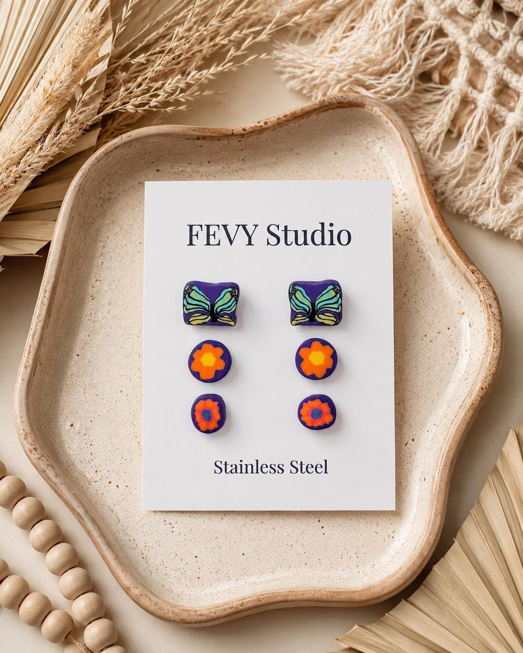 Handmade Butterfly Stud Earrings | Colorful Polymer Clay | Stainless Steel | Boho Jewelry Gift for Women and Girls