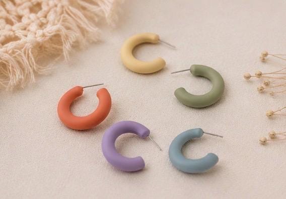 Chunky Polymer Clay Hoop Earrings • Neutral Boho Earrings • Minimalist Handmade Jewelry • Aesthetic Hoops • Lightweight Earrings • Gift