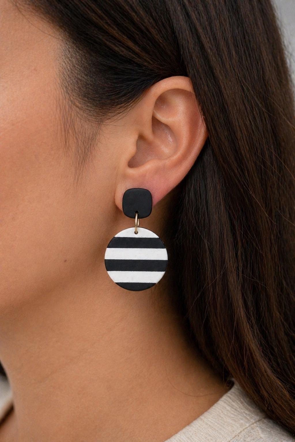 Black White Striped Statement Earrings | Handmade Polymer Clay Dangle Earrings | Modern Geometric Earrings | Lightweight Stainless Steel Jew