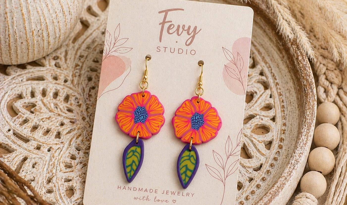 Flower Dangle Earrings, Polymer Clay Earrings, Stainless Steel 18K Gold Plated Hooks, Colorful Statement Floral Jewelry Gift for Her