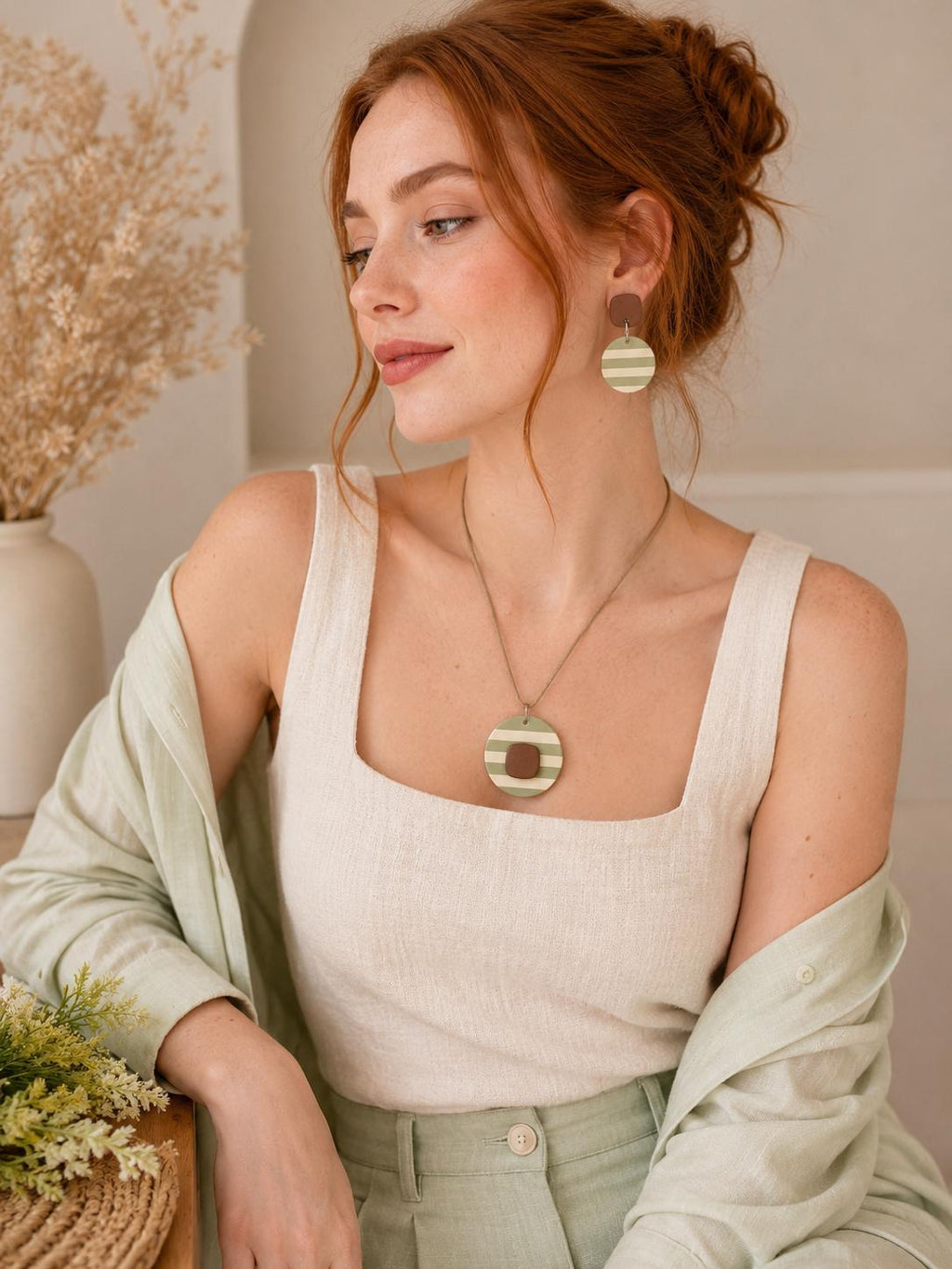 Pistachio Green Clay Earrings Set, Matching Necklace Earrings Set, Minimalist Polymer Clay Jewelry, Sage Green Jewelry, Boho Gift for Her