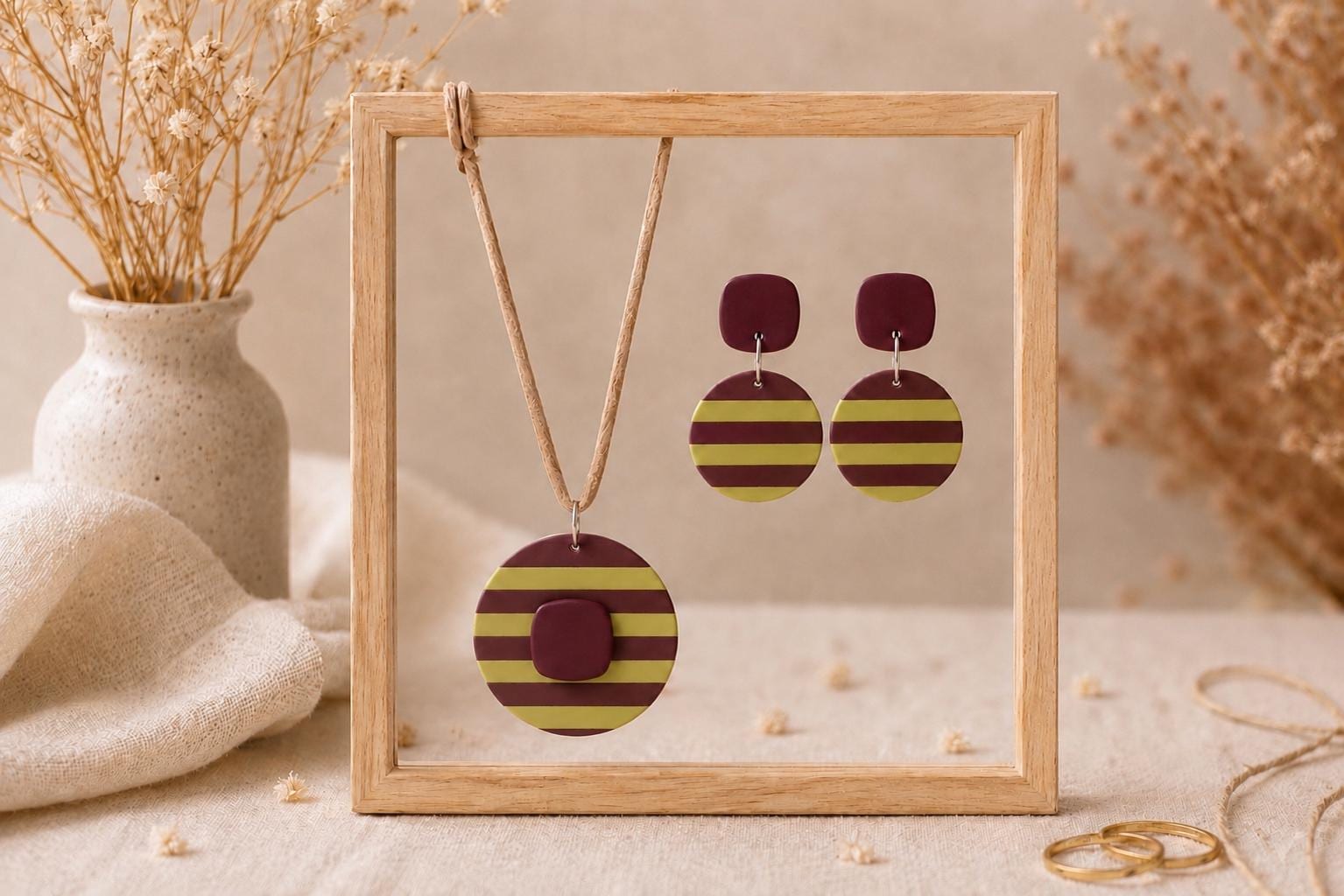 Burgundy & Chartreuse Clay Jewelry Set, Polymer Clay Earrings and Pendant Necklace, Modern Boho Statement Jewelry, Handmade Geometric Gift