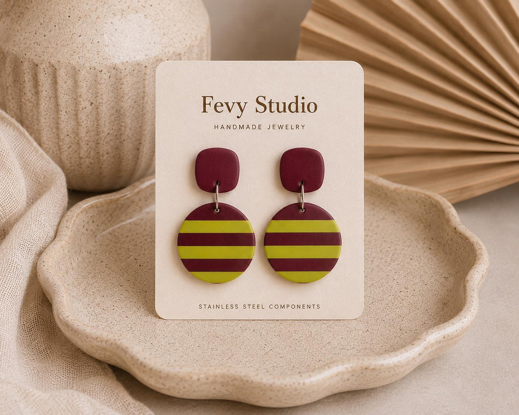 Burgundy & Chartreuse Clay Jewelry Set, Polymer Clay Earrings and Pendant Necklace, Modern Boho Statement Jewelry, Handmade Geometric Gift